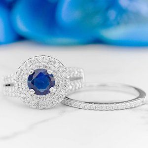 Blue Sapphire Gemstone ring set, size 7, 925 Sterling Silver Charmed Aroma